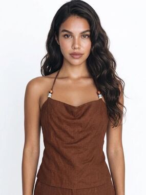 FEW MODA X SARA WALKER | NEW Brown Linen Halter Top w/ Beads Women’s Size 4